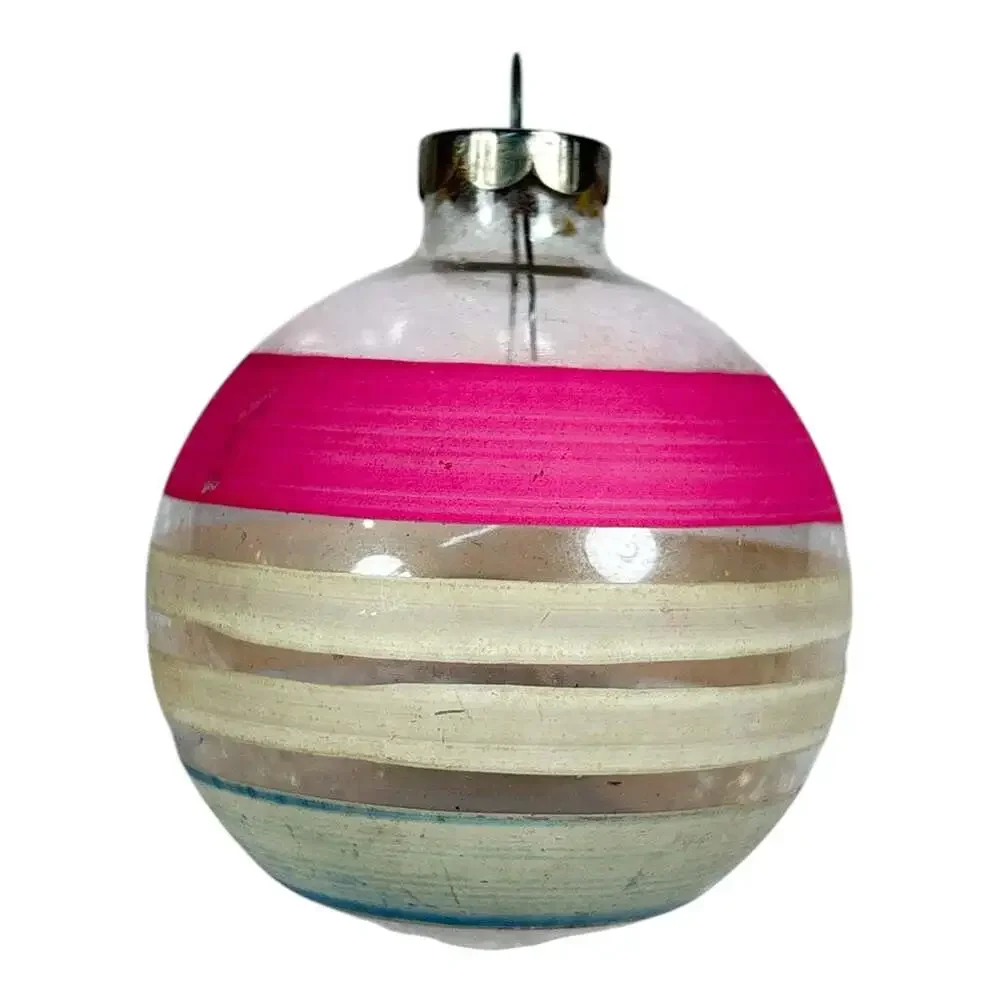 Vtg Shiny Brite 3” Unsilvered Glass Ornament Pink White Stripes WWII Christmas